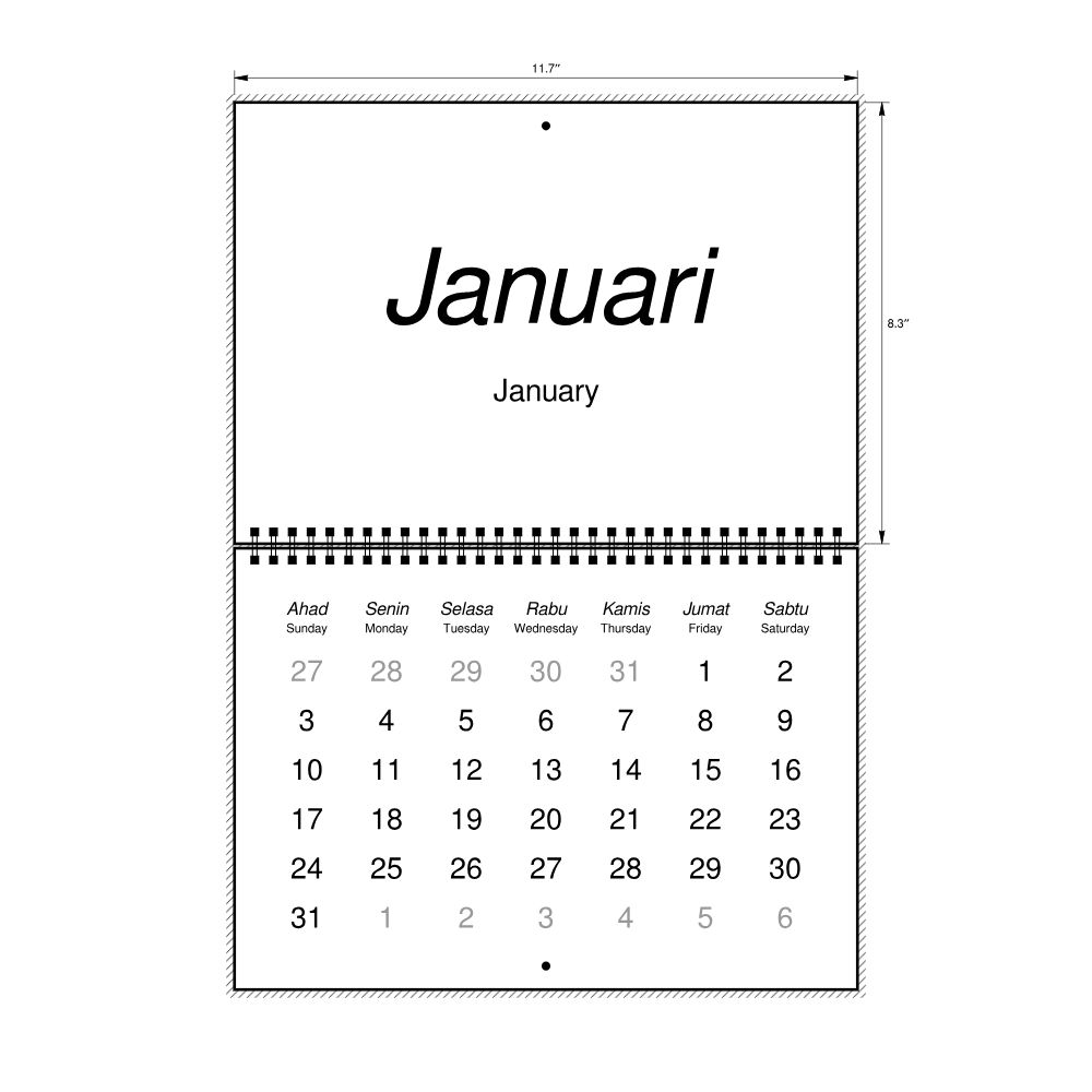 Leskoff 2027 Wall Calendar, Indonesian/English-Labeled, Sunday-Start Layout, Wire-Bound, 11.7 x 8.3 in (29.7 x 21.0 cm), image 2 of 2