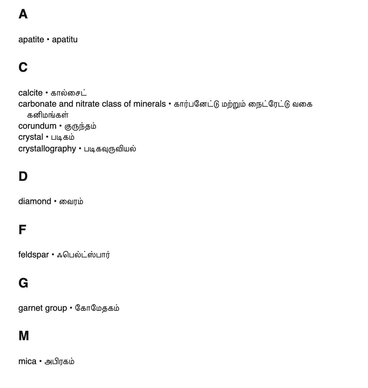 Mineralogy terms in Tamil