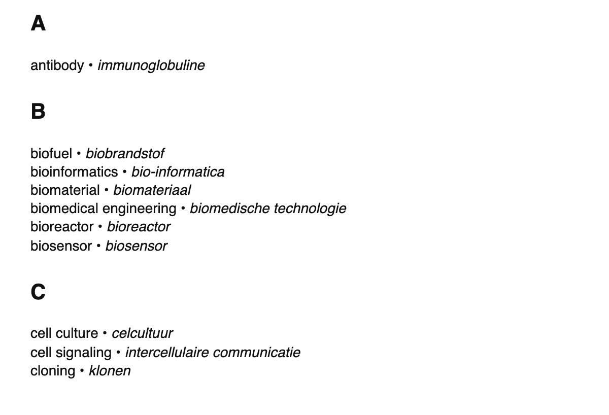 Bioengineering terms in Dutch