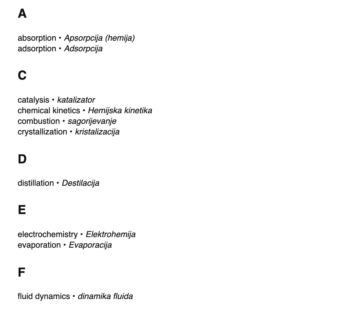 Chemical engineering terms in Bosnian