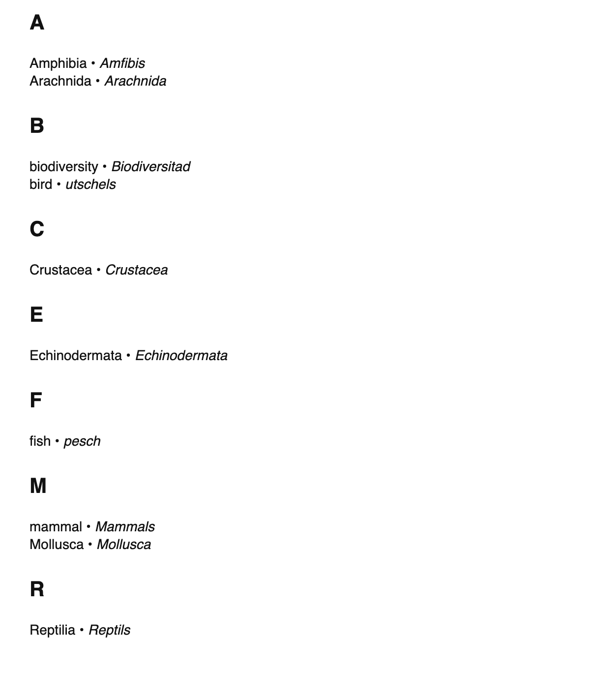 Zoology terms in Romansh