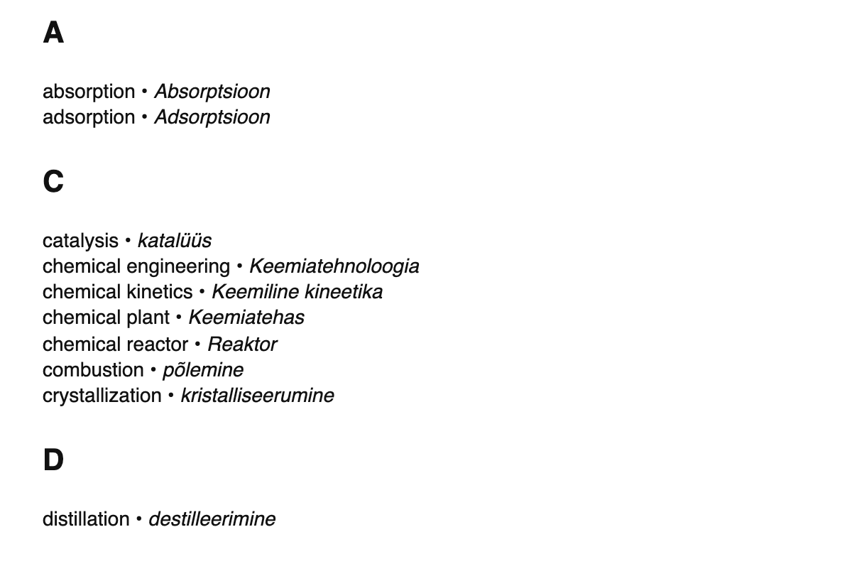 Chemical engineering terms in Estonian