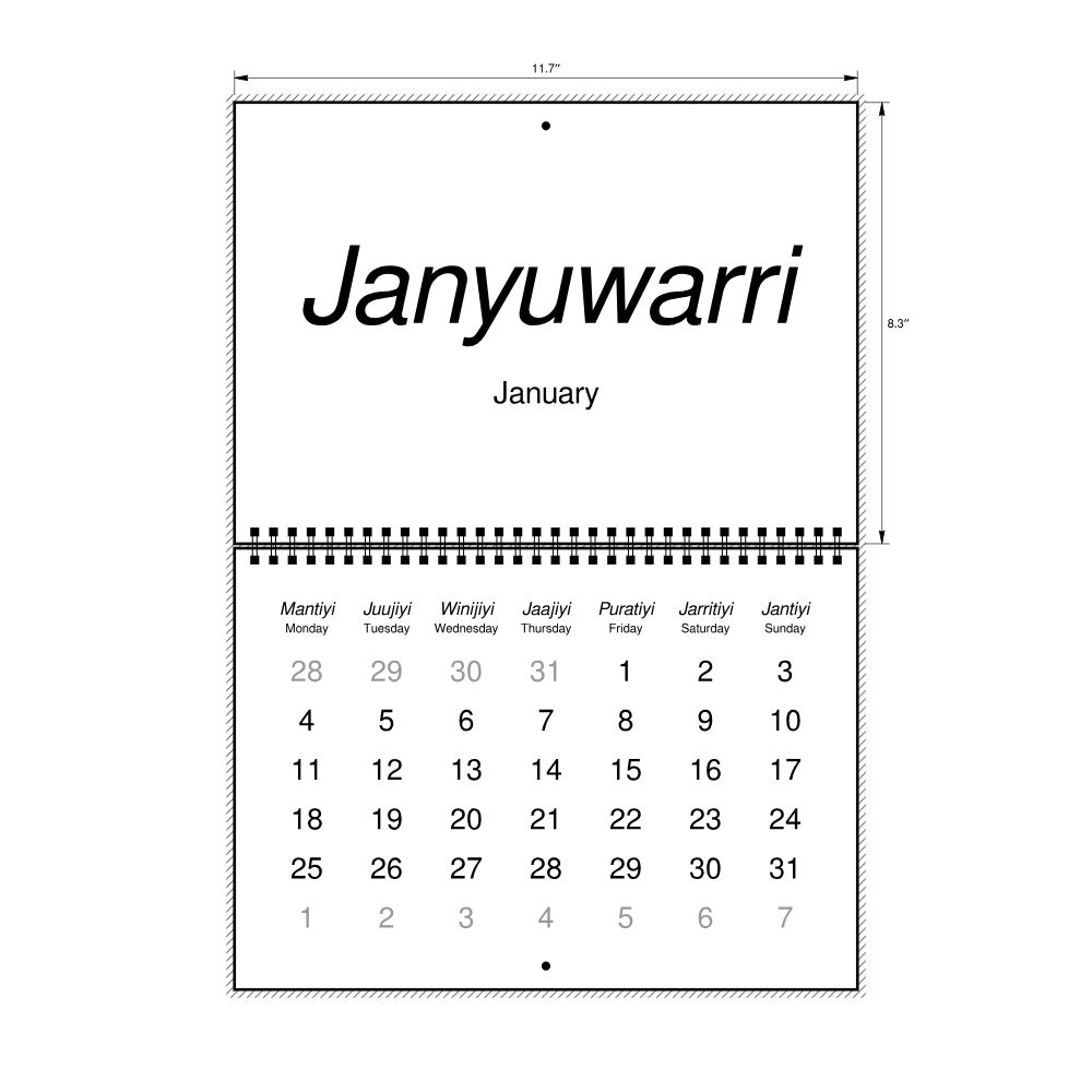 Leskoff 2027 Wall Calendar, Warlpiri/English-Labeled, Monday-Start Layout, Wire-Bound, 11.7 x 8.3 in (29.7 x 21.0 cm), image 2 of 2