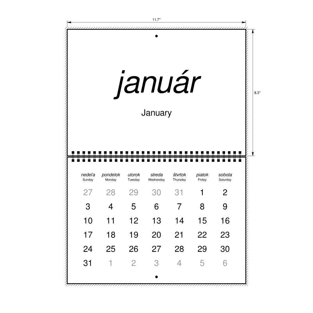 Leskoff 2027 Wall Calendar, Slovak/English-Labeled, Sunday-Start Layout, Wire-Bound, 11.7 x 8.3 in (29.7 x 21.0 cm), image 2 of 2