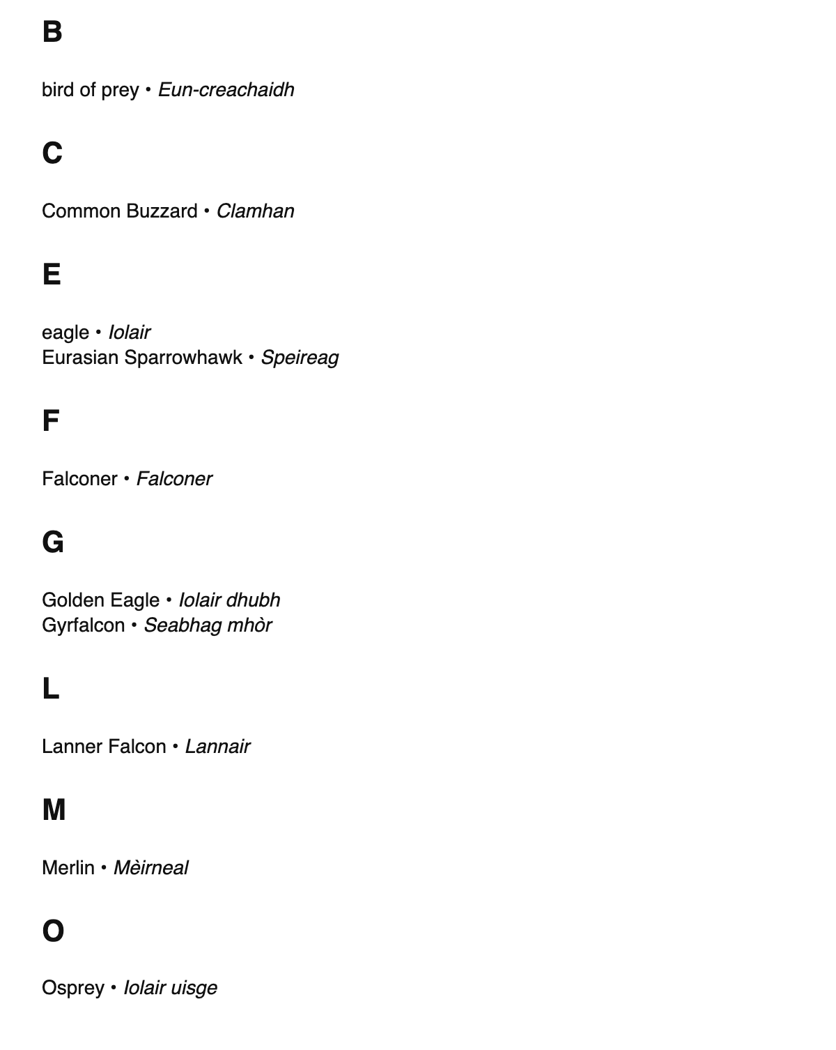 Falconry terms in Scottish Gaelic
