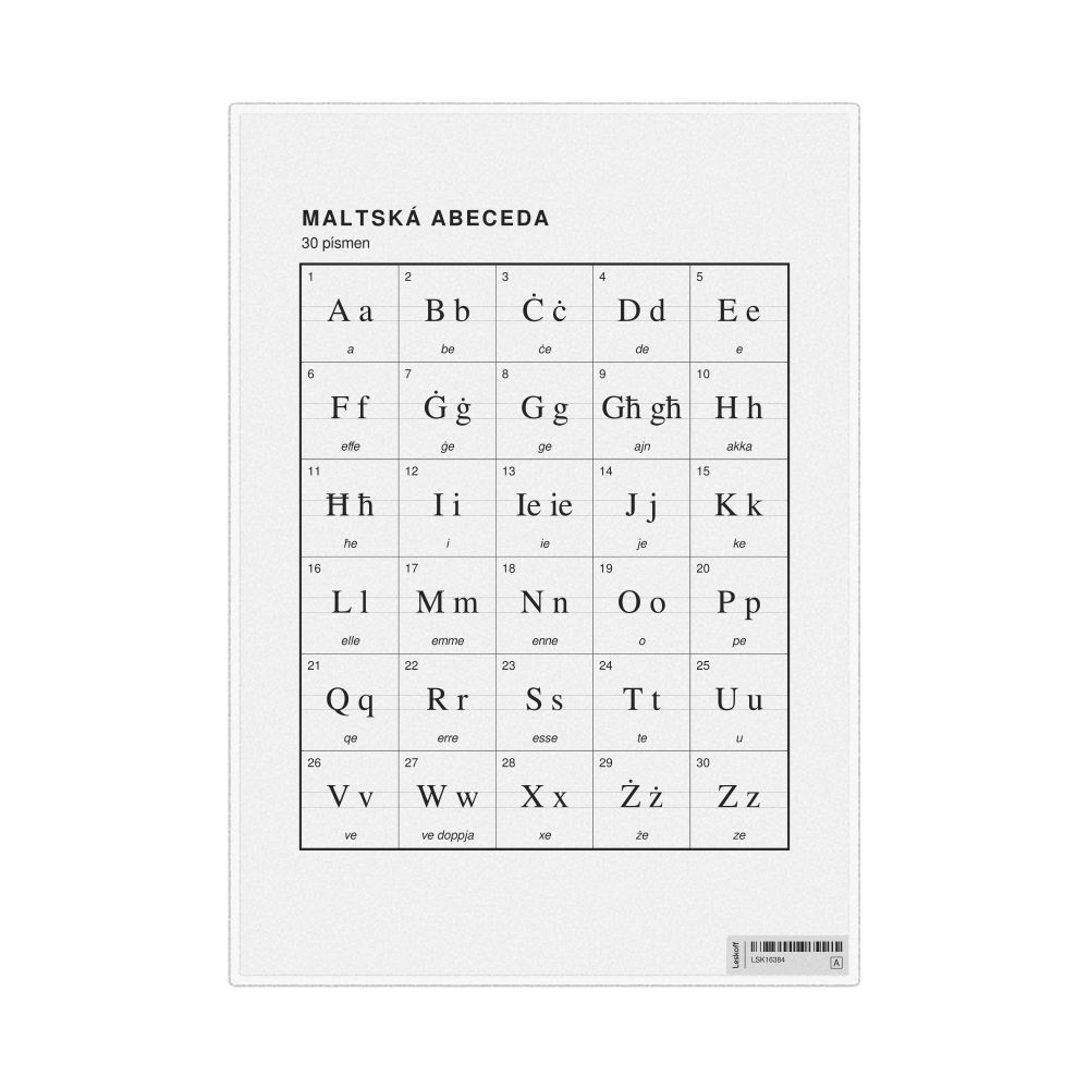 Leskoff Maltese Alphabet Chart, 8.3 x 11.7 in (21.0 x 29.7 cm, Desk Chart, Laminated), Czech-Labeled, image 1 of 2
