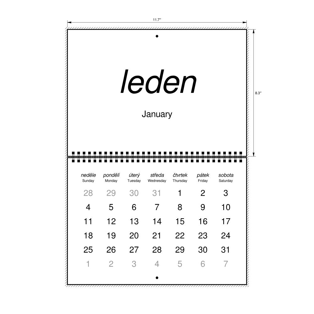 Leskoff 2026 Wall Calendar, Czech/English-Labeled, Sunday-Start Layout, Wire-Bound, 11.7 x 8.3 in (29.7 x 21.0 cm), image 2 of 2