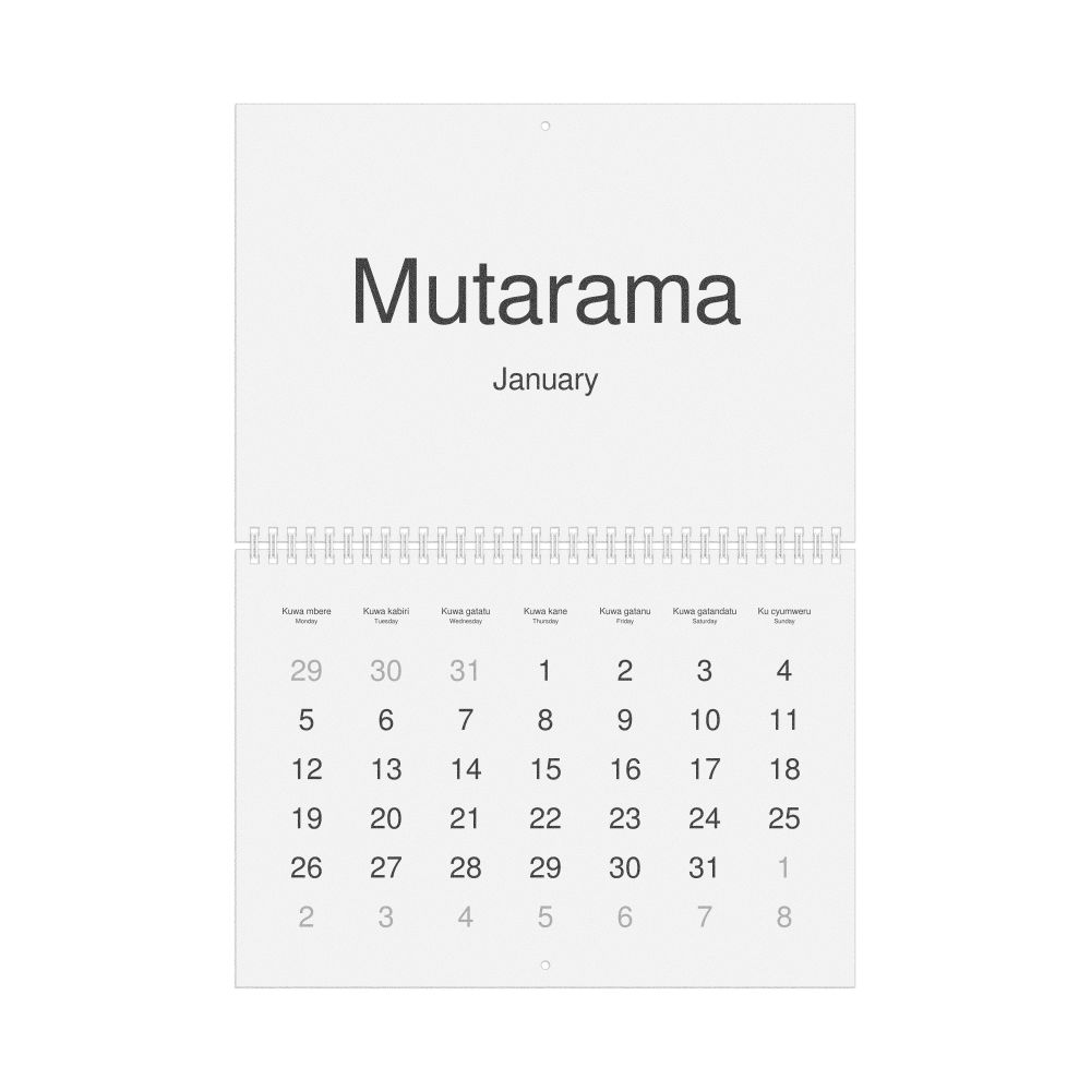 Leskoff 2026 Wall Calendar, Kinyarwanda/English-Labeled, Monday-Start Layout, Wire-Bound, 11.7 x 8.3 in (29.7 x 21.0 cm), image 1 of 1