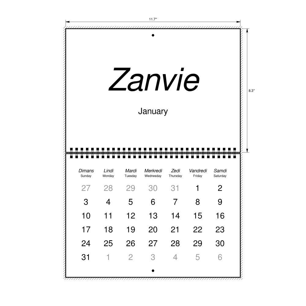 Leskoff 2027 Wall Calendar, Mauritian Creole/English-Labeled, Sunday-Start Layout, Wire-Bound, 11.7 x 8.3 in (29.7 x 21.0 cm), image 2 of 2