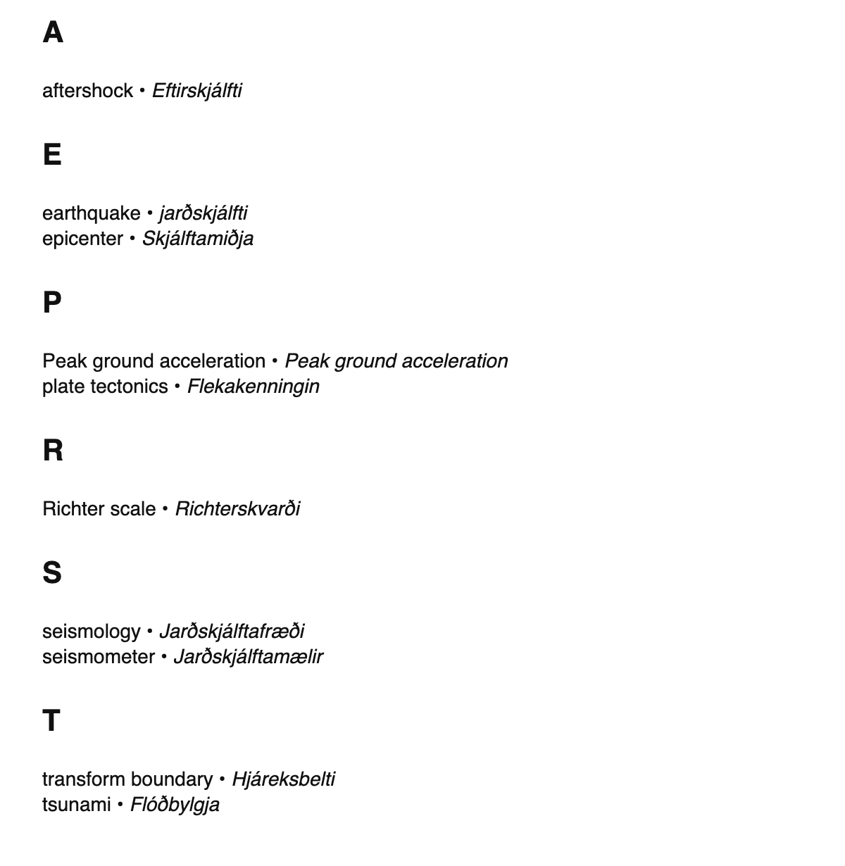Seismology terms in Icelandic