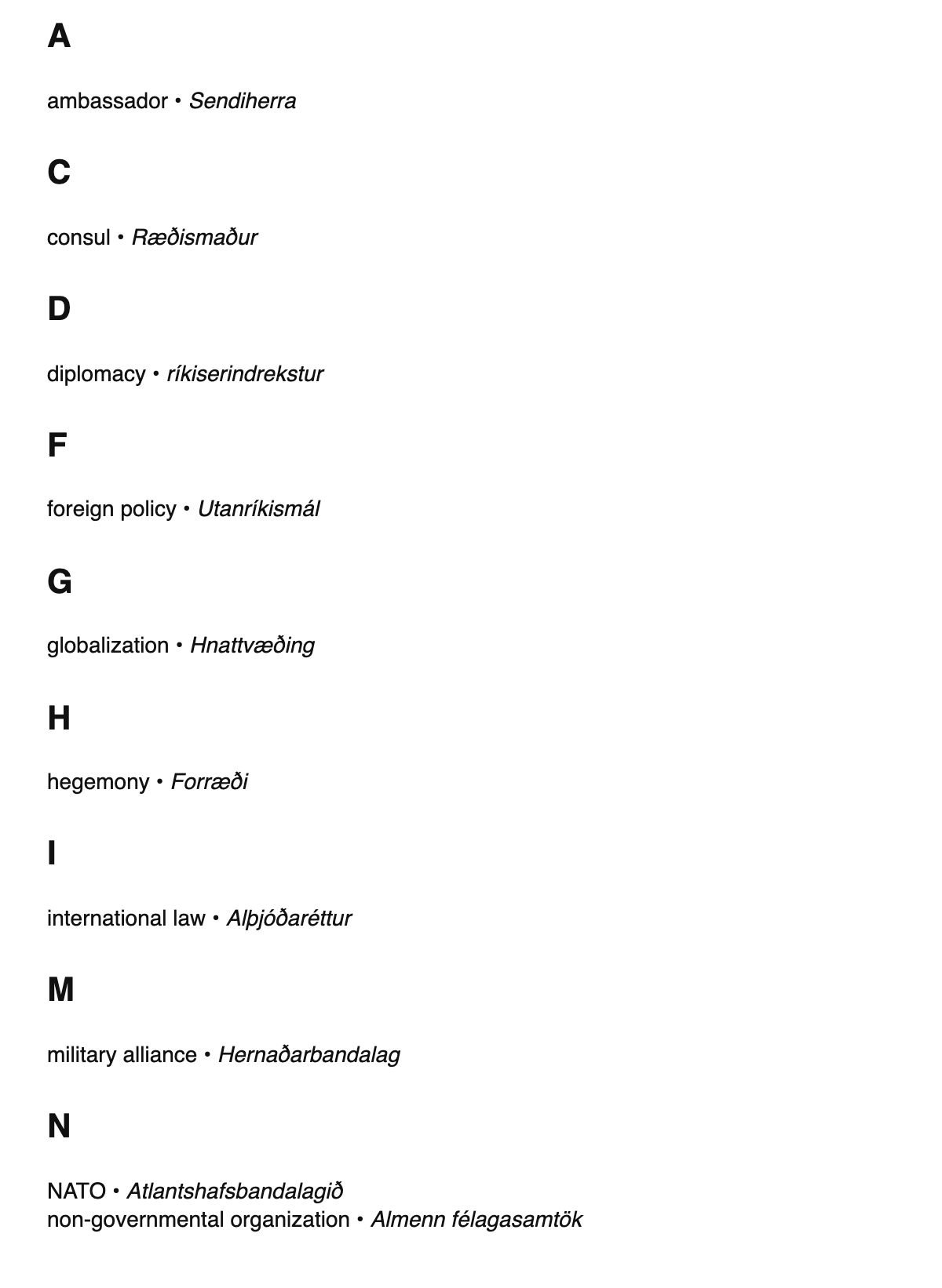 International relations terms in Icelandic