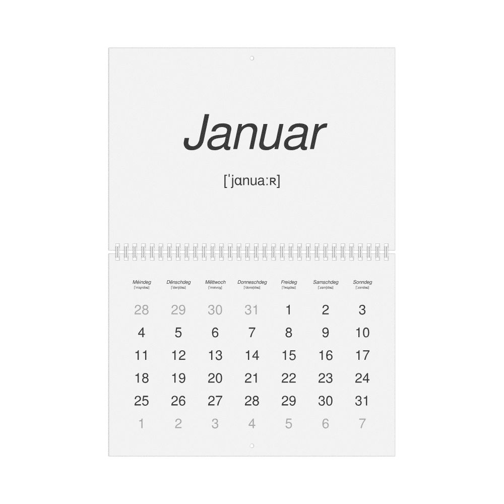 Leskoff 2027 Phonetic Wall Calendar, Luxembourgish-Labeled with IPA, Monday-Start Layout, Wire-Bound, 11.7 x 8.3 in (29.7 x 21.0 cm), image 1 of 1