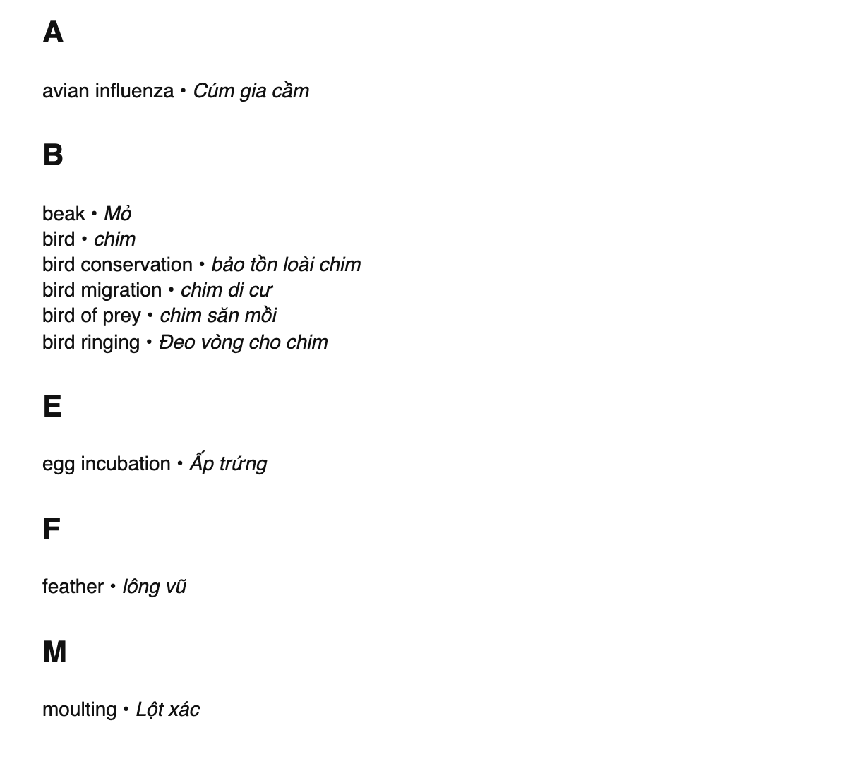 Ornithology terms in Vietnamese
