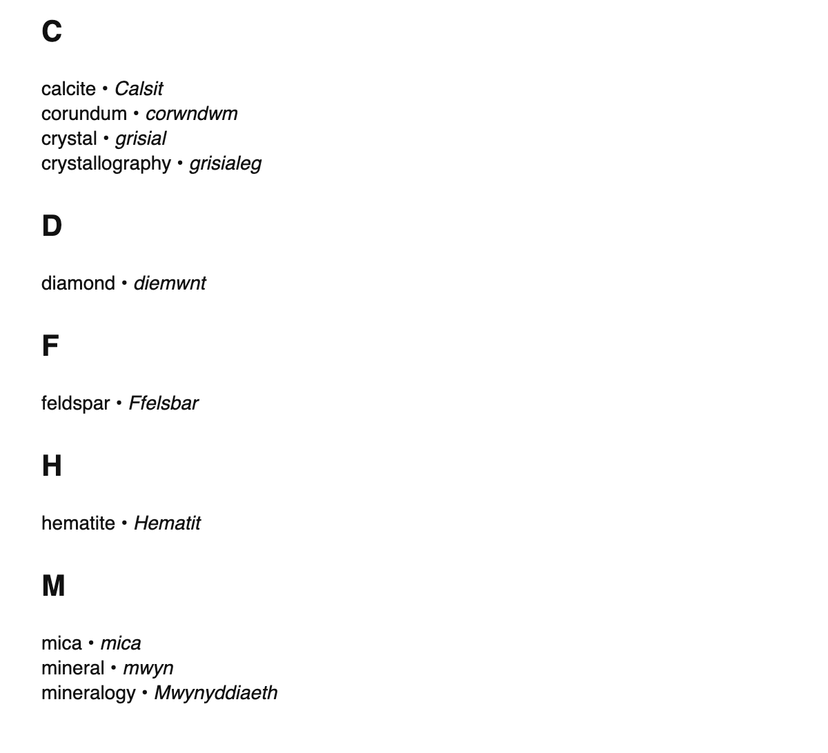 Mineralogy terms in Welsh