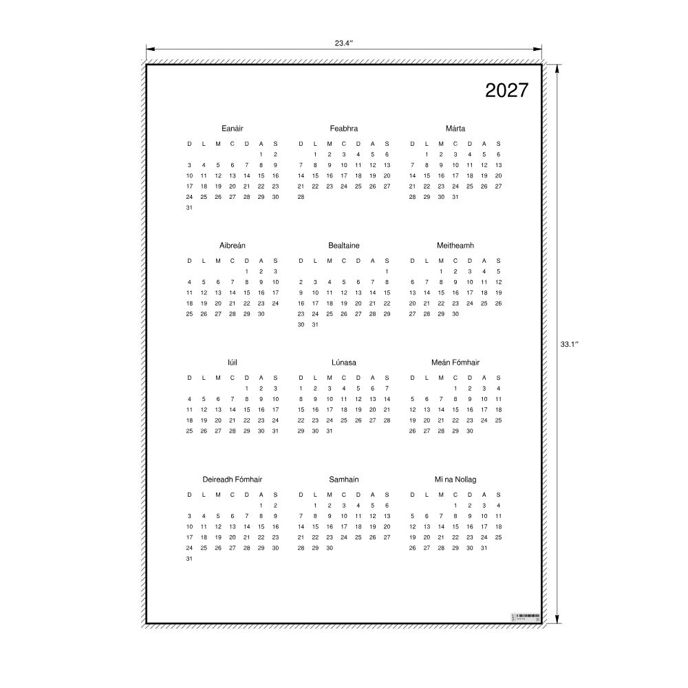 Leskoff 2027 Wall Calendar, Irish-Labeled, Sunday-Start Layout, Poster / Wall Print, 23.4 x 33.1 in (59.4 x 84.1 cm), image 2 of 2