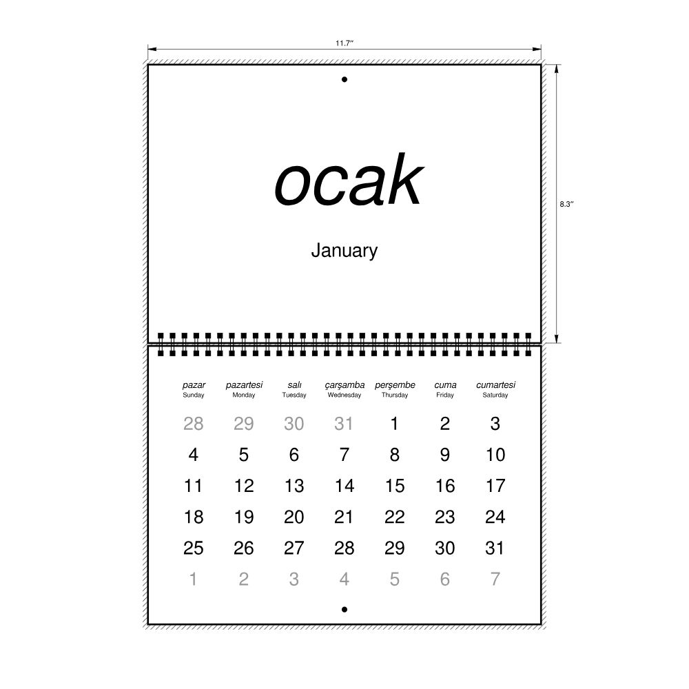 Leskoff 2026 Wall Calendar, Turkish/English-Labeled, Sunday-Start Layout, Wire-Bound, 11.7 x 8.3 in (29.7 x 21.0 cm), image 2 of 2