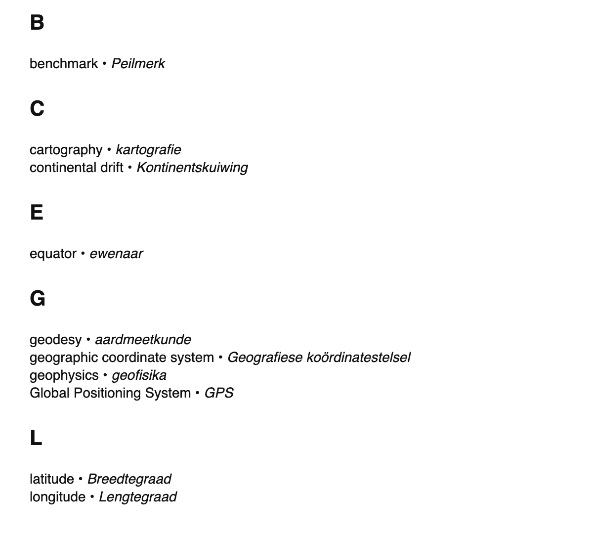 Geodesy terms in Afrikaans