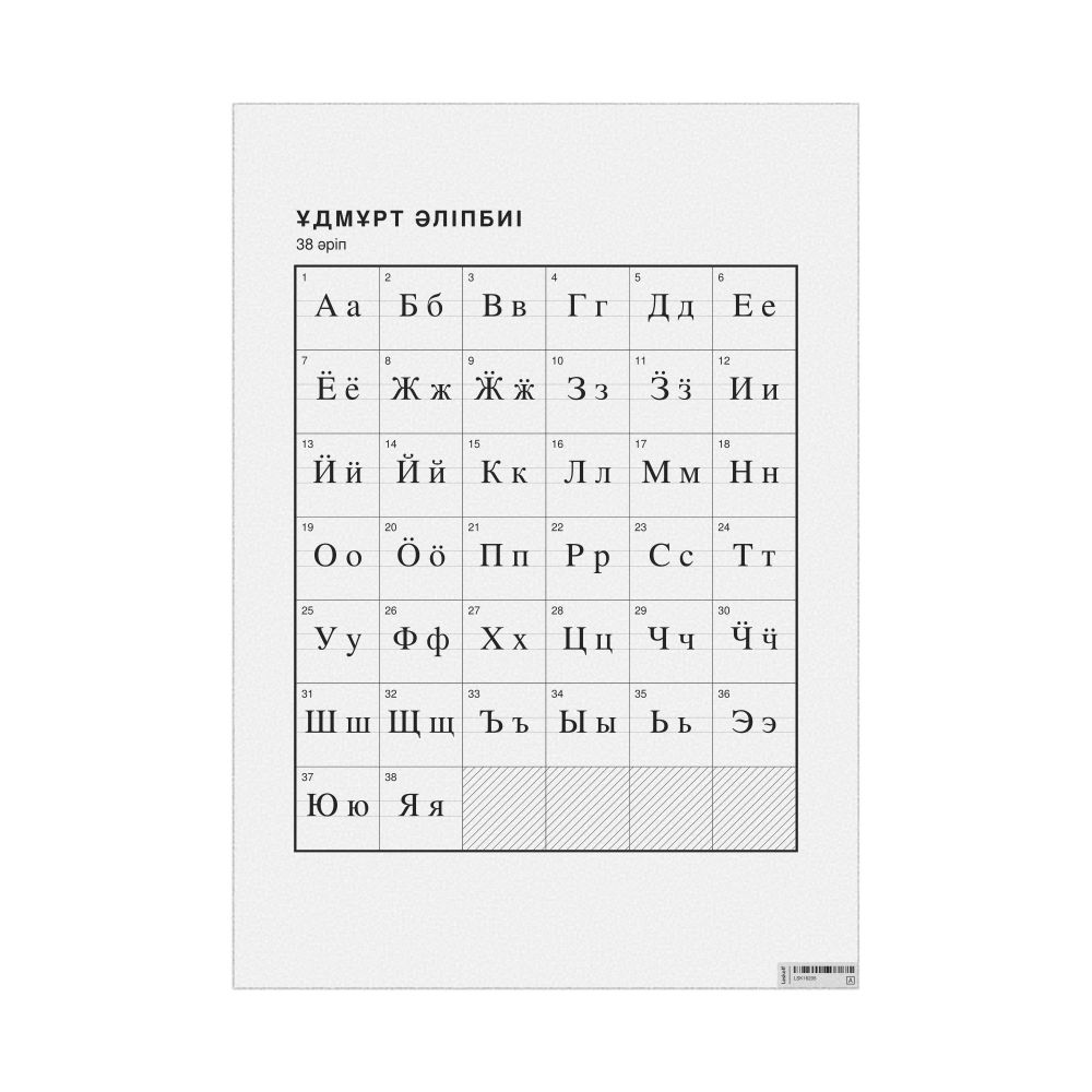 Leskoff Udmurt Alphabet Chart, 23.4 x 33.1 in (59.4 x 84.1 cm, Poster / Wall Chart), Kazakh-Labeled, image 1 of 2