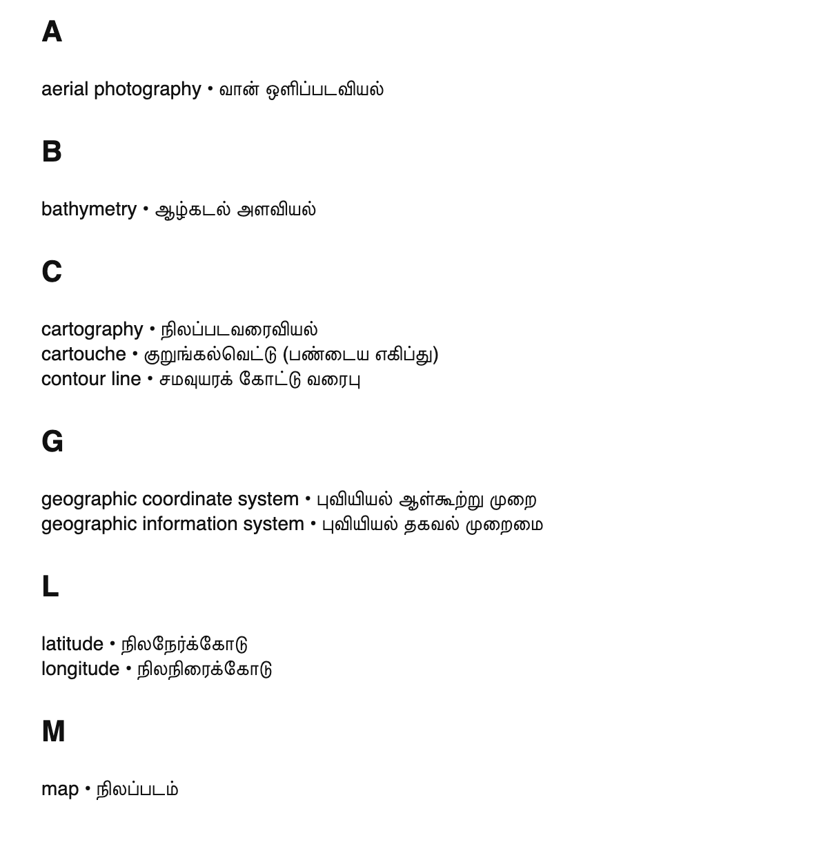 Cartography terms in Tamil