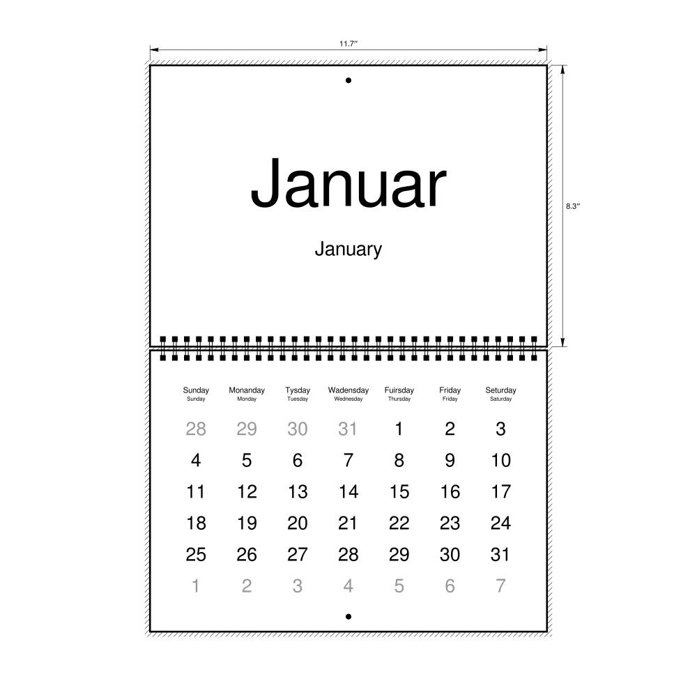 Leskoff 2026 Wall Calendar, Scots/English-Labeled, Sunday-Start Layout, Wire-Bound, 11.7 x 8.3 in (29.7 x 21.0 cm), image 1 of 1