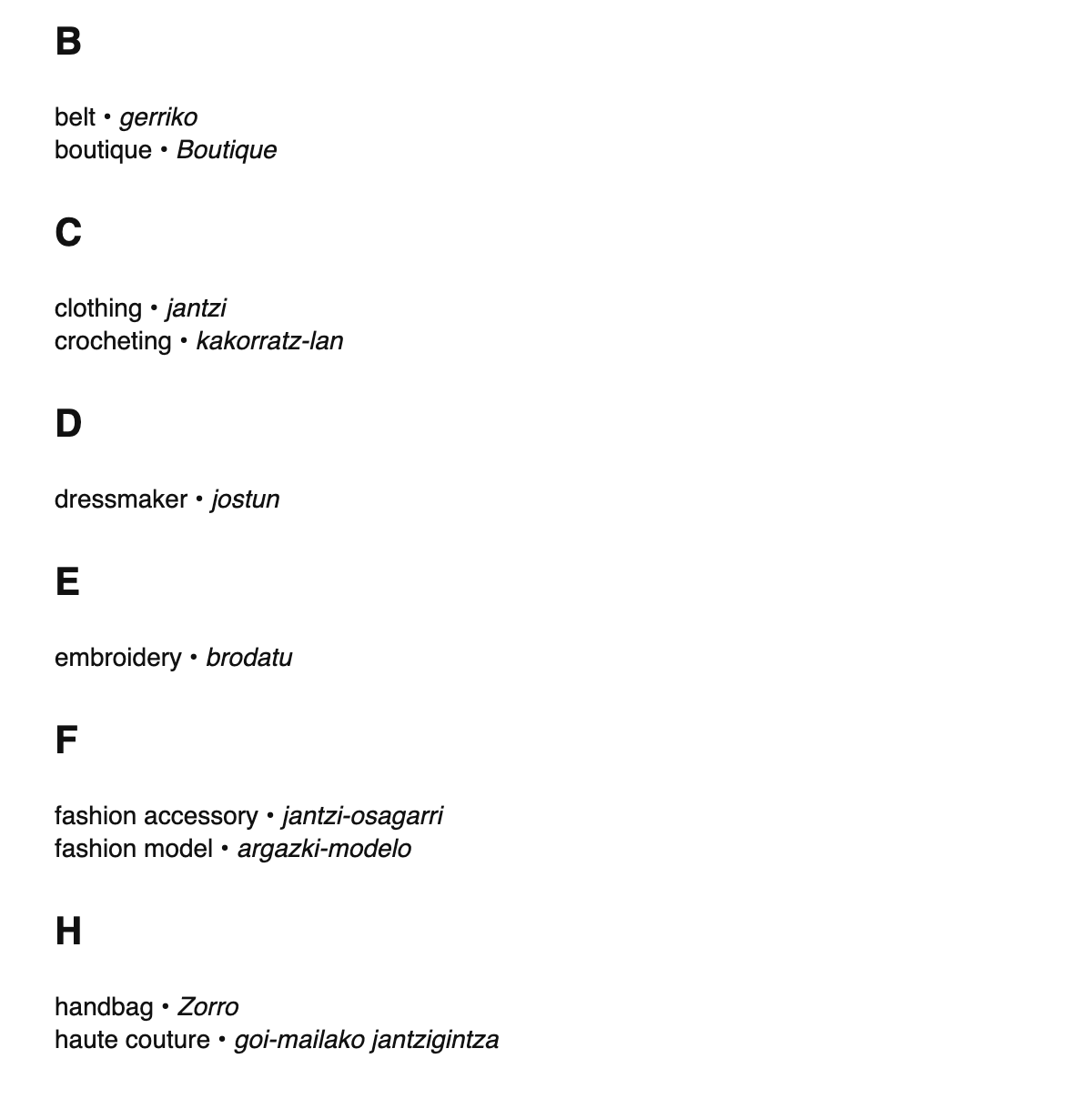 Fashion design terms in Basque