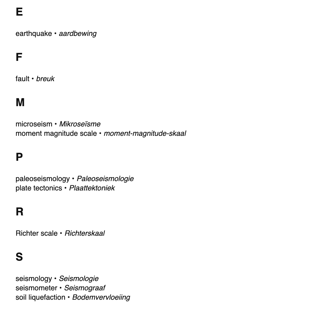 Seismology terms in Afrikaans