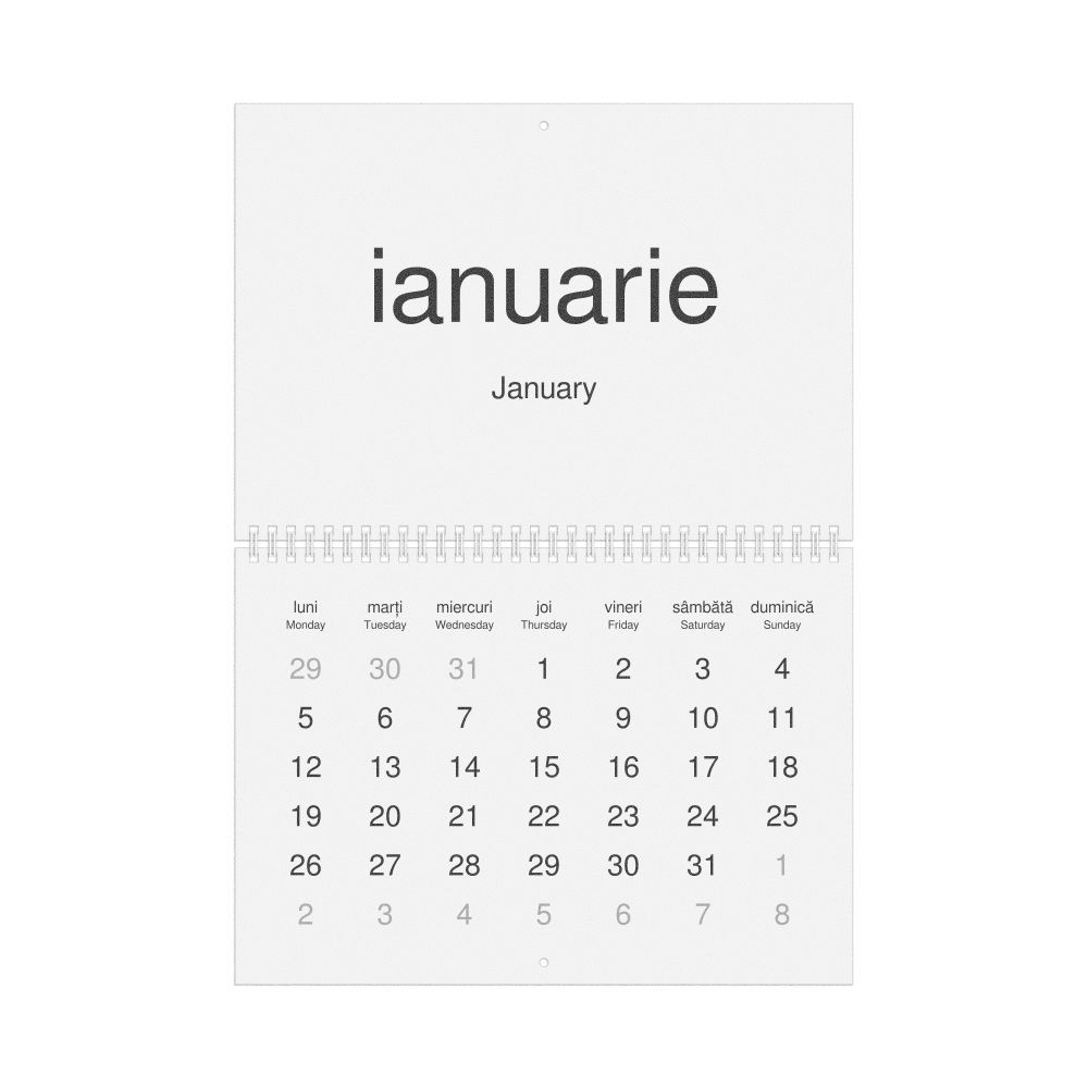 Leskoff 2026 Wall Calendar, Romanian/English-Labeled, Monday-Start Layout, Wire-Bound, 11.7 x 8.3 in (29.7 x 21.0 cm), image 1 of 1