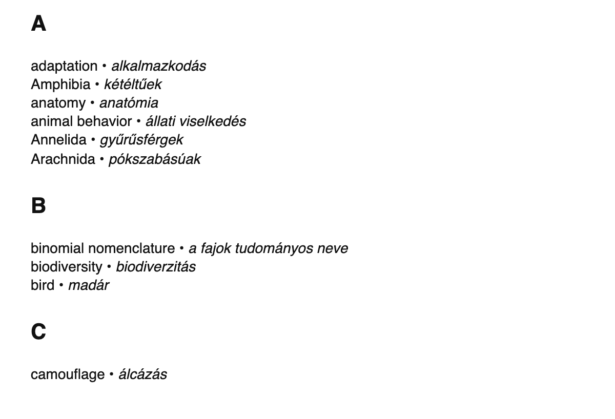 Zoology terms in Hungarian