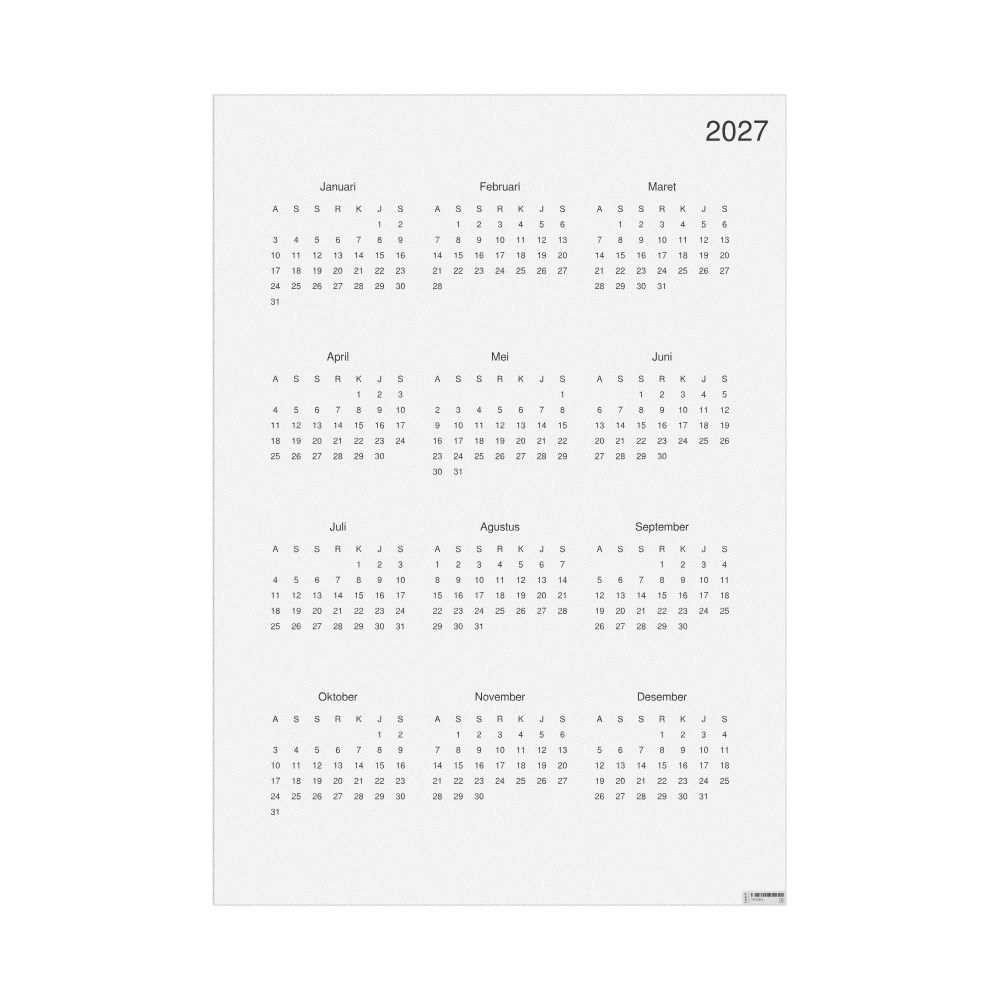 Leskoff 2027 Wall Calendar, Indonesian-Labeled, Sunday-Start Layout, Poster / Wall Print, 23.4 x 33.1 in (59.4 x 84.1 cm), image 1 of 1