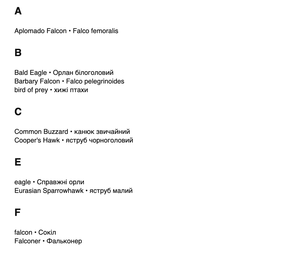 Falconry terms in Ukrainian