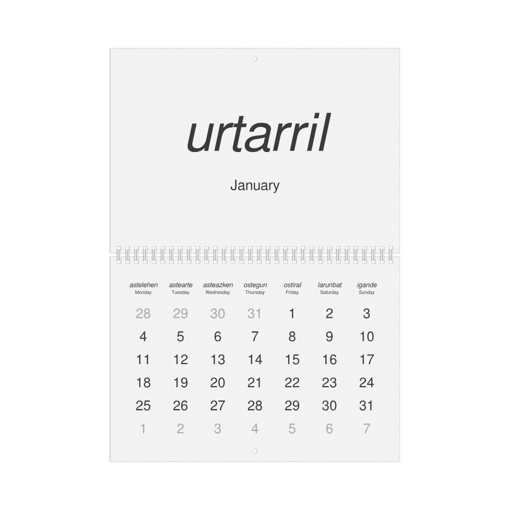 Leskoff 2027 Wall Calendar, Basque/English-Labeled, Monday-Start Layout, Wire-Bound, 11.7 x 8.3 in (29.7 x 21.0 cm), image 1 of 1