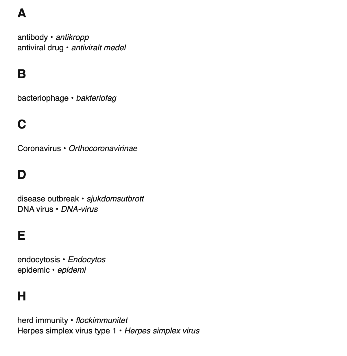 Virology terms in Swedish