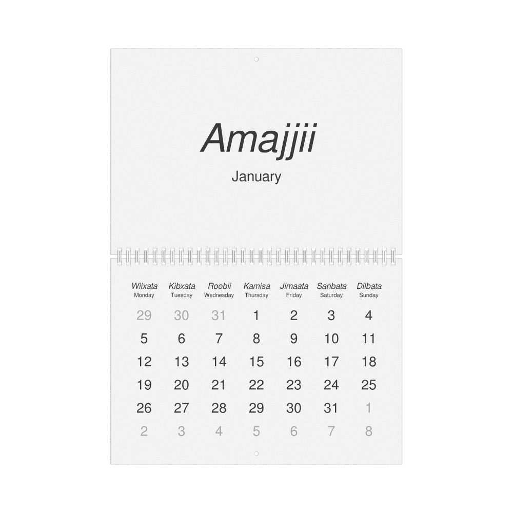 Leskoff 2026 Wall Calendar, Oromo/English-Labeled, Monday-Start Layout, Wire-Bound, 11.7 x 8.3 in (29.7 x 21.0 cm), image 1 of 1