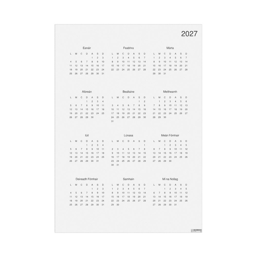 Leskoff 2027 Wall Calendar, Irish-Labeled, Monday-Start Layout, Poster / Wall Print, 23.4 x 33.1 in (59.4 x 84.1 cm), image 1 of 1