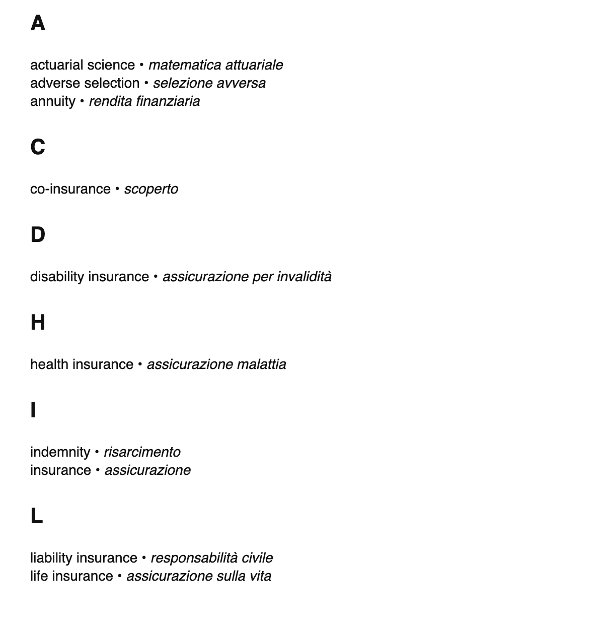 Insurance terms in Italian