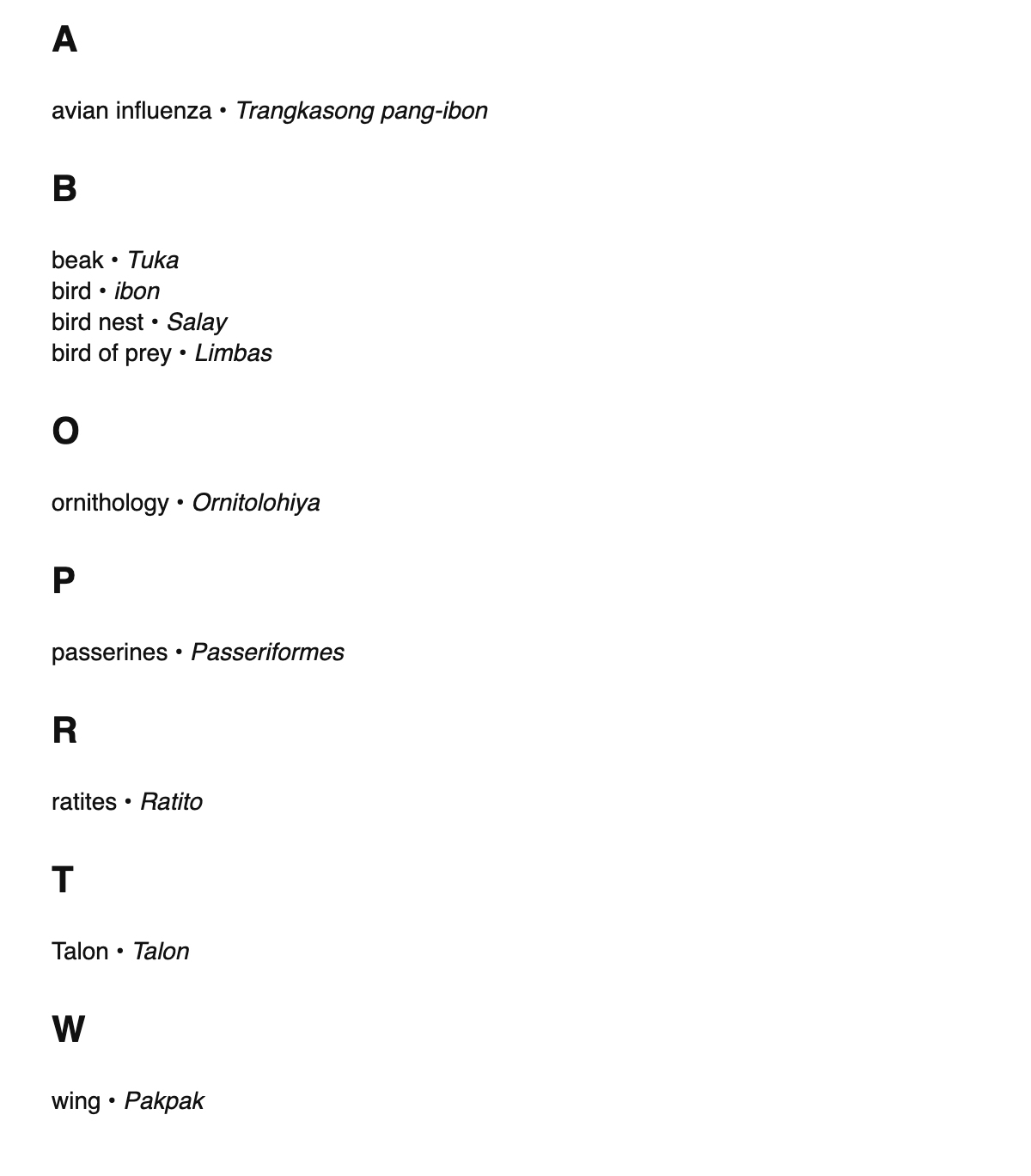 Ornithology terms in Tagalog