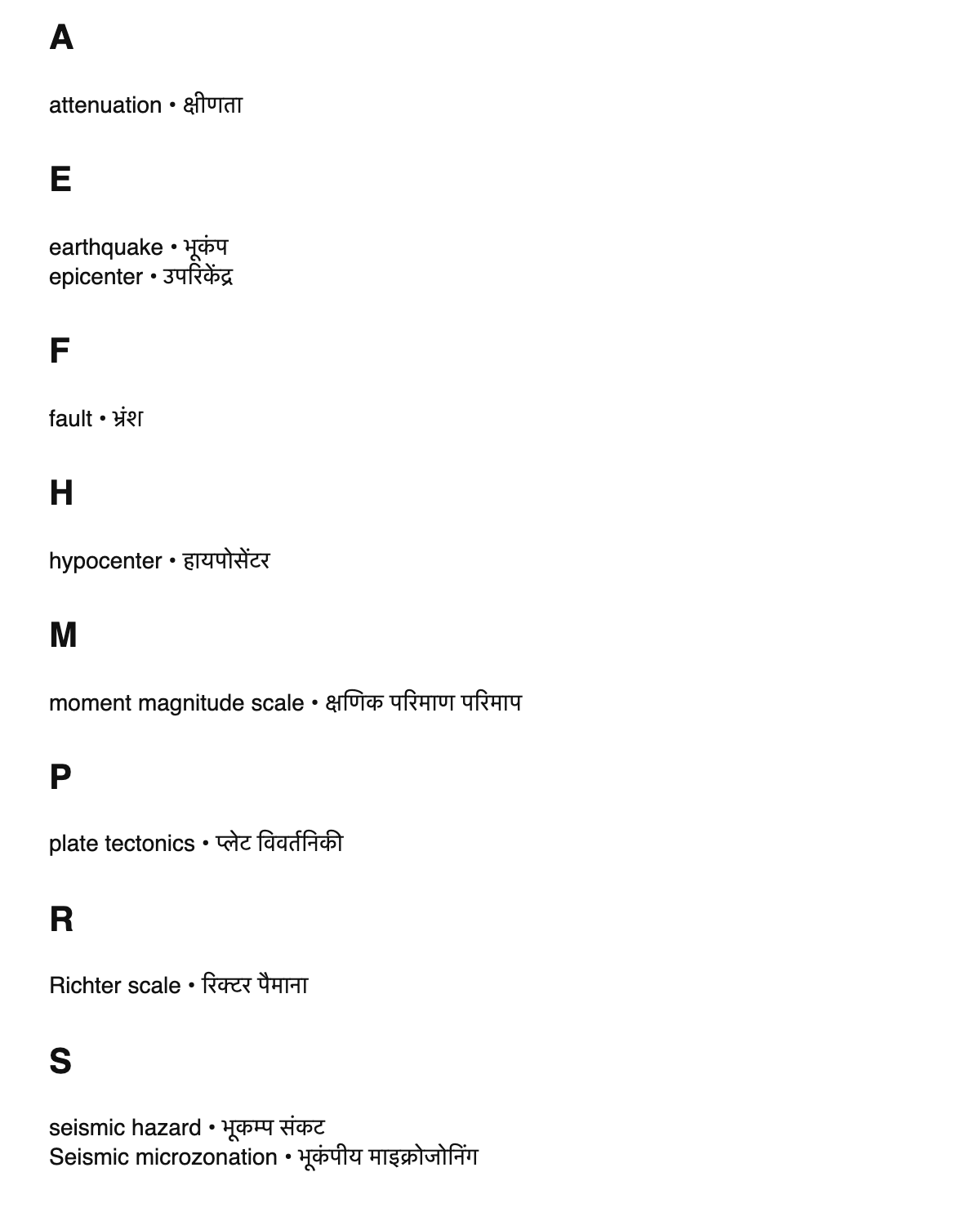 Seismology terms in Hindi