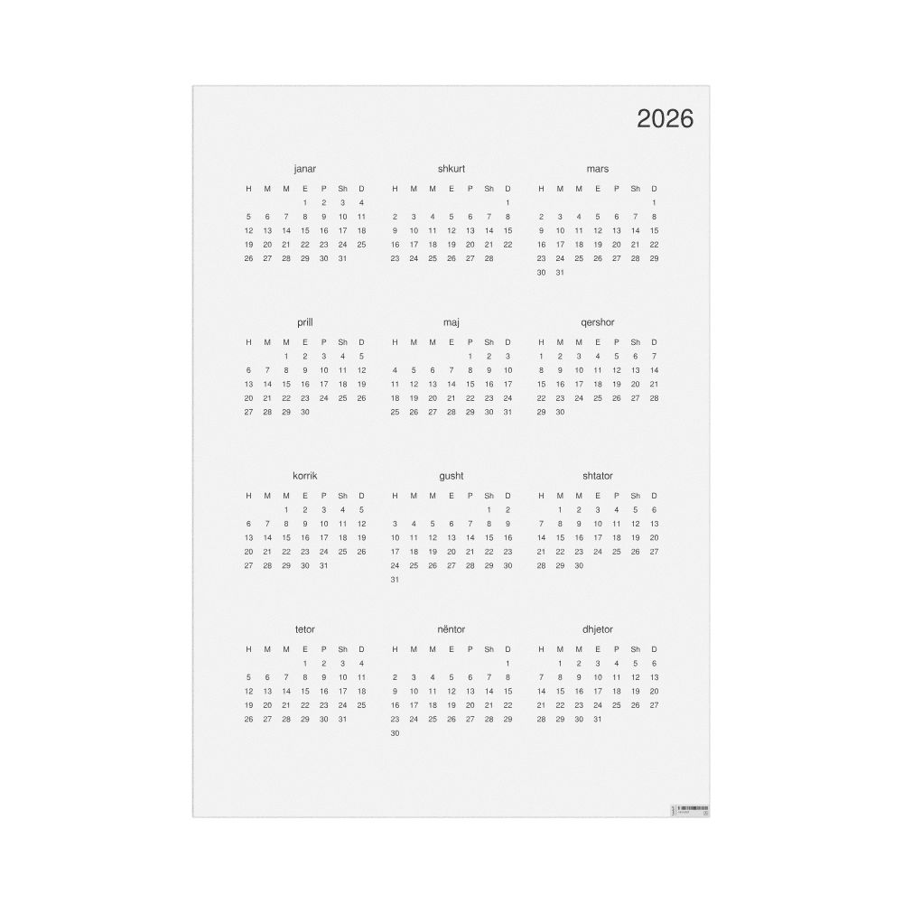 Leskoff 2026 Wall Calendar, Albanian-Labeled, Monday-Start Layout, Poster / Wall Print, 23.4 x 33.1 in (59.4 x 84.1 cm), image 1 of 1