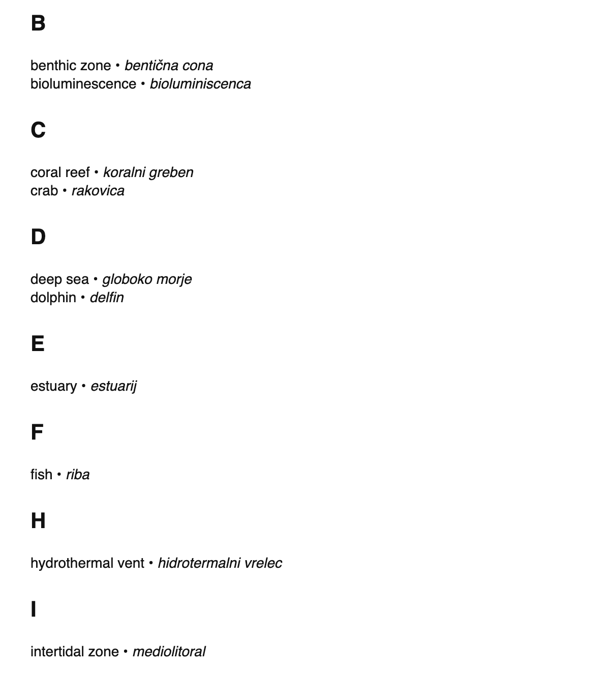 Marine biology terms in Slovene