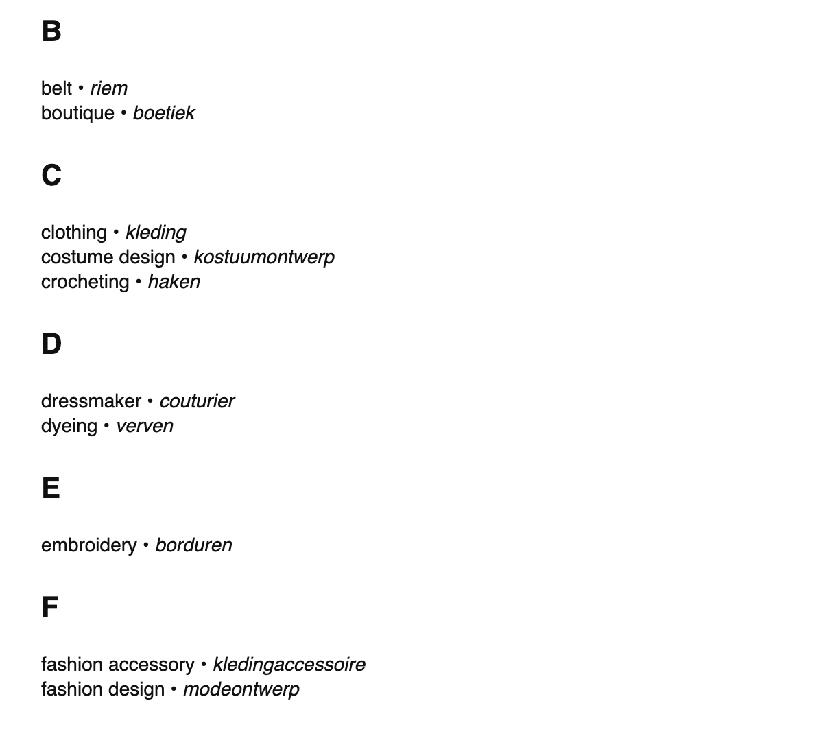 Fashion design terms in Dutch