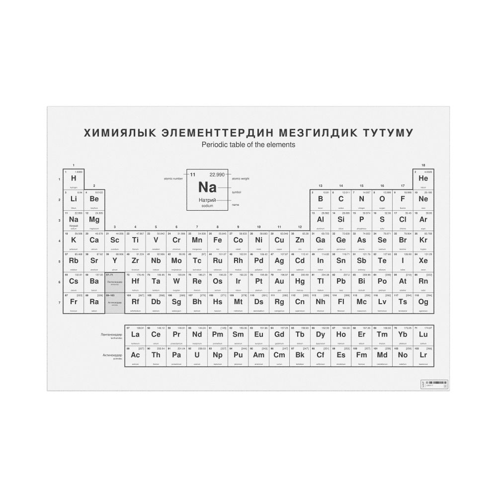 Leskoff Periodic Table Chart, 33.1 x 23.4 in (84.1 x 59.4 cm, Poster / Wall Chart), 18-Column Layout, Kyrgyz/English-Labeled, image 1 of 2