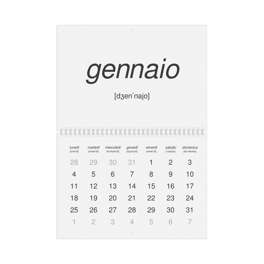Leskoff 2027 Phonetic Wall Calendar, Italian-Labeled with IPA, Monday-Start Layout, Wire-Bound, 11.7 x 8.3 in (29.7 x 21.0 cm), image 1 of 1