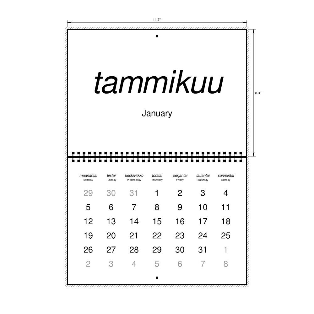Leskoff 2026 Wall Calendar, Finnish/English-Labeled, Monday-Start Layout, Wire-Bound, 11.7 x 8.3 in (29.7 x 21.0 cm), image 2 of 2