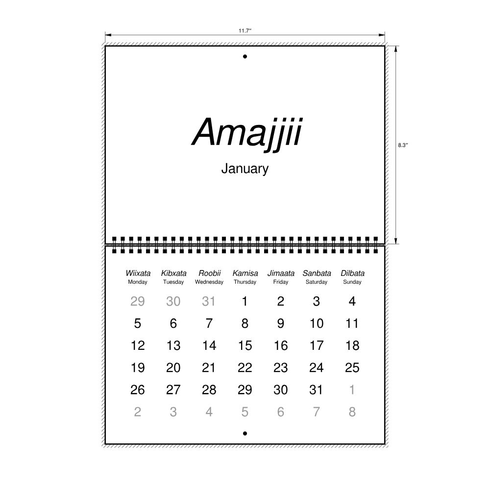 Leskoff 2026 Wall Calendar, Oromo/English-Labeled, Monday-Start Layout, Wire-Bound, 11.7 x 8.3 in (29.7 x 21.0 cm), image 2 of 2