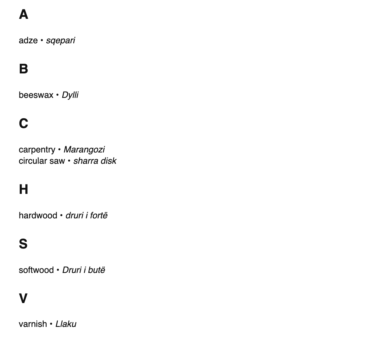 Woodworking terms in Albanian