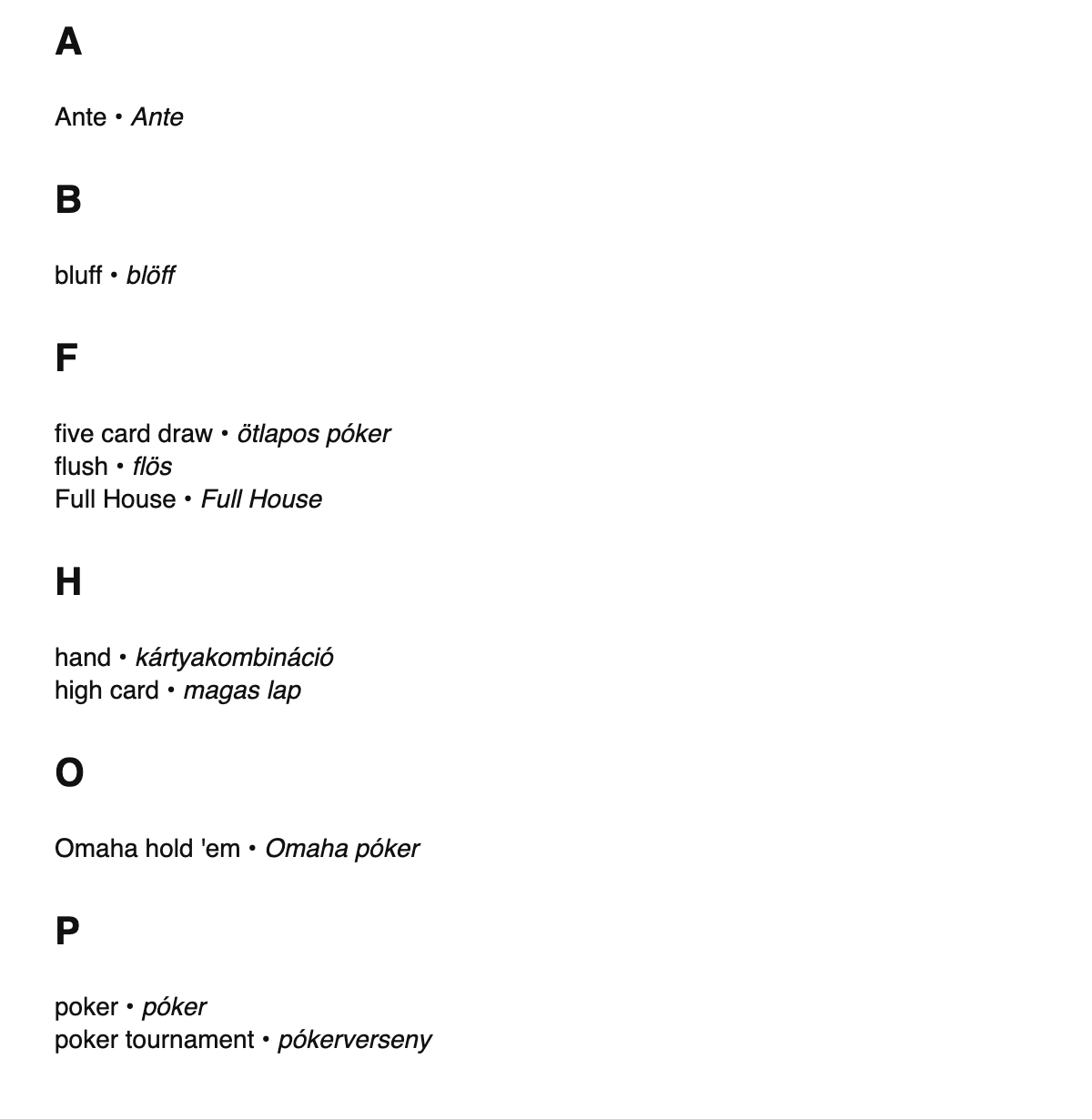 Poker terms in Hungarian