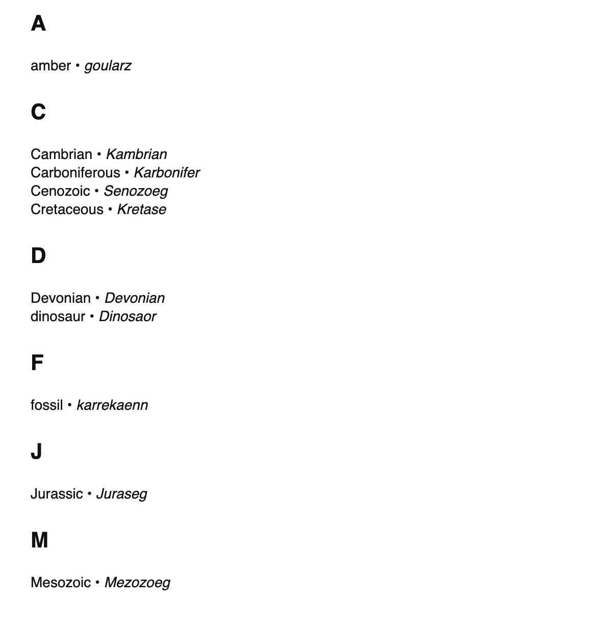 Paleontology terms in Breton