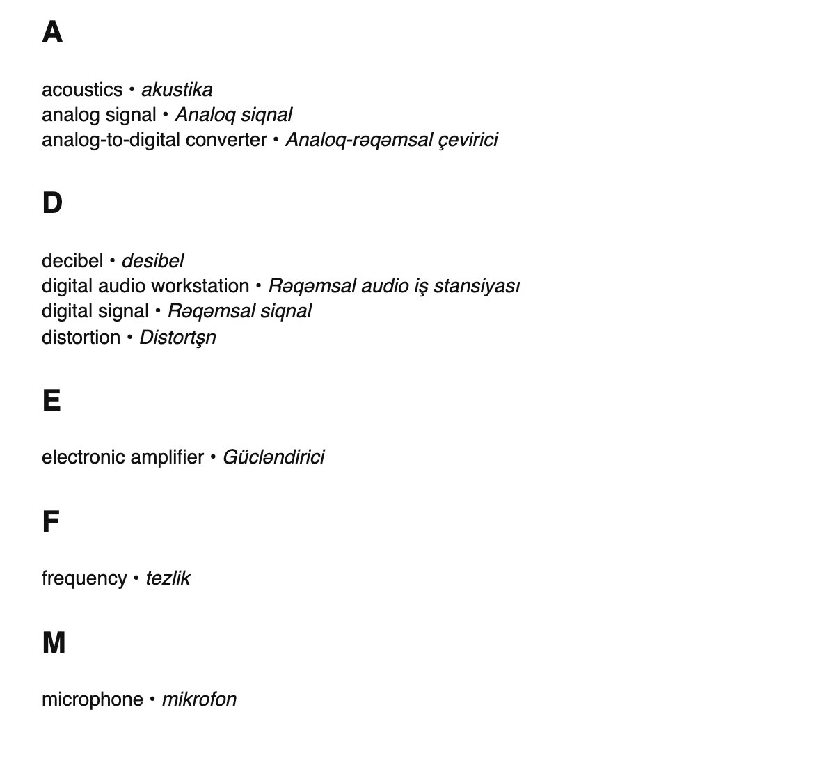 Audio engineering terms in Azerbaijani