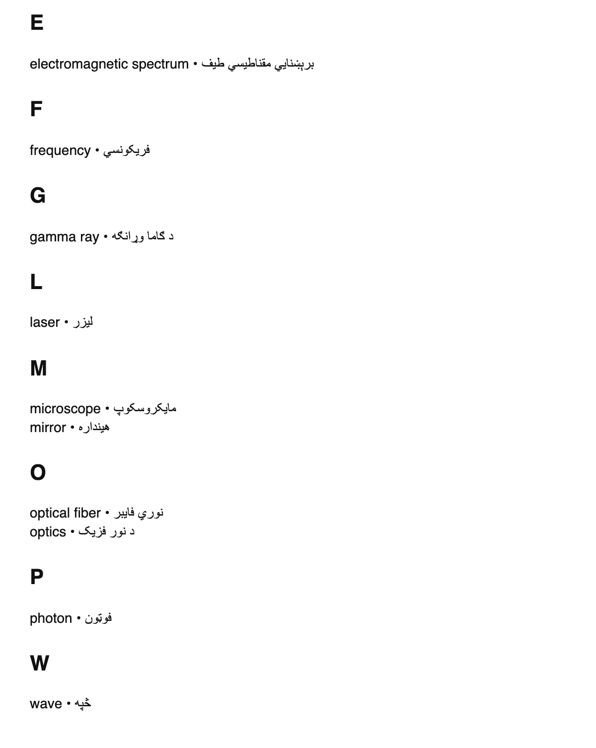 Optics terms in Pashto