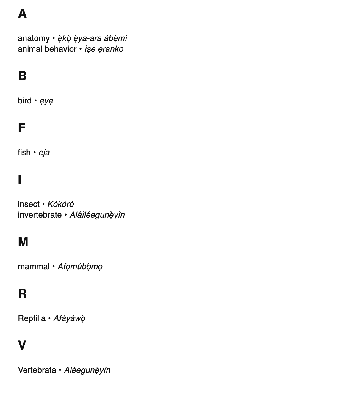 Zoology terms in Yoruba